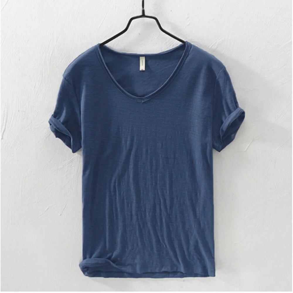 New Slim Fit Slub Cotton Pure Color V Collar Short Sleeved Tops Tees Men T-Shirt Multi-color Man T-Shirts Fitness