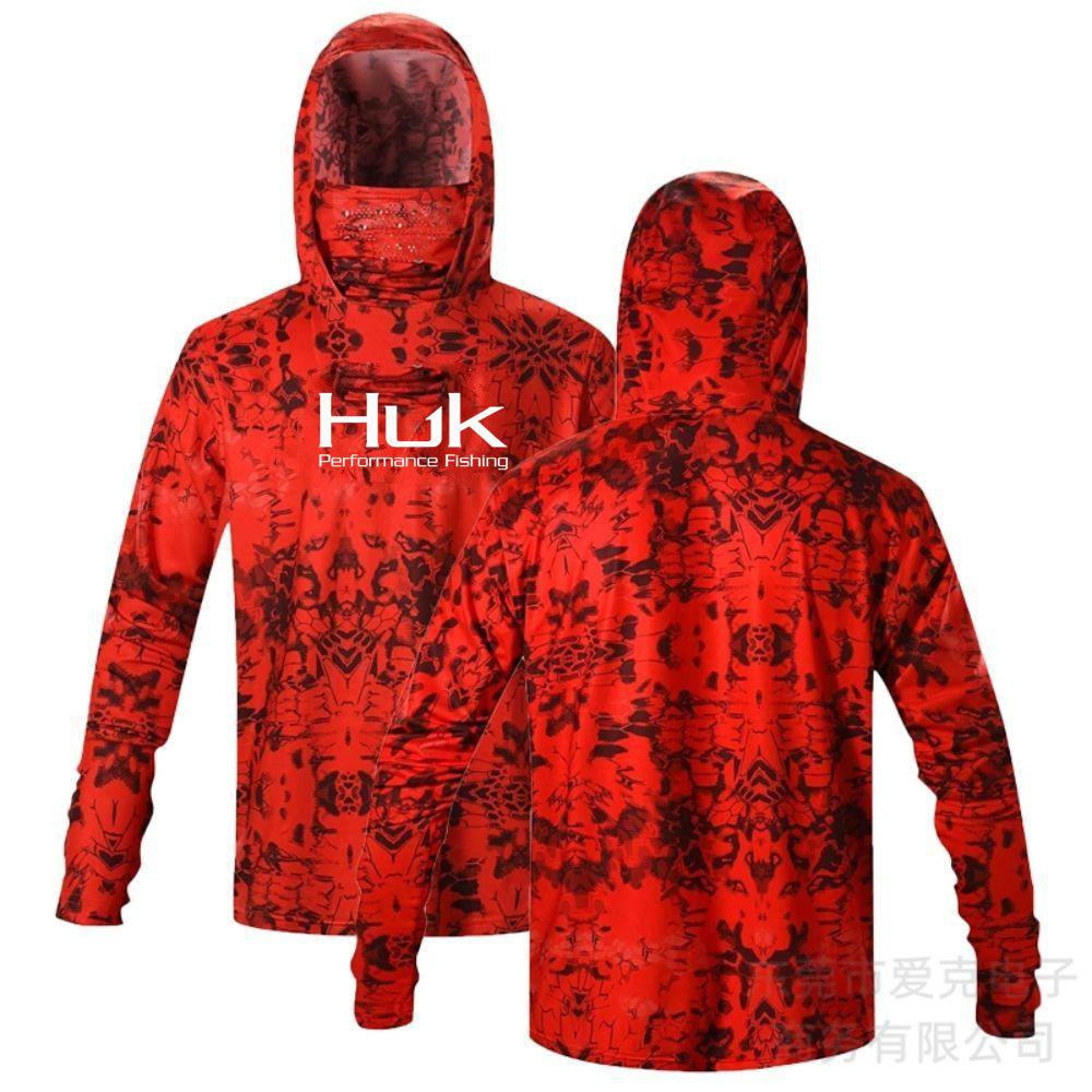 HUK fishing suit men's hoodie summer sun protection long sleeve fishing top with mask outdoor sports fishing shirt