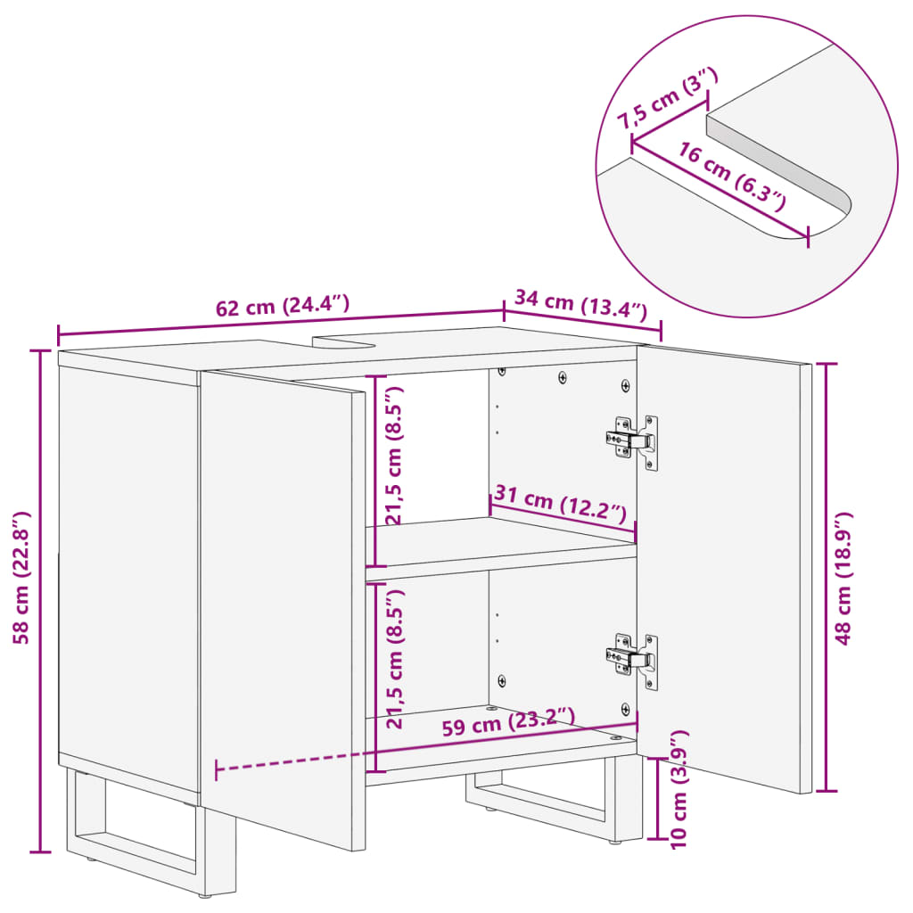 Washbasin Cabinet 62 x 34 x 58 cm Rough Solid Mango Wood