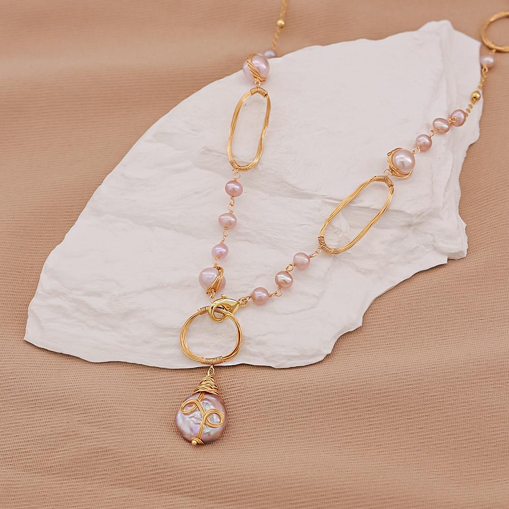 2022 Trendy Necklace Natural Freshwater Pearl Chain Necklace Hollowed Cut Handmade Jewelry for Women