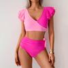 2Pcs/Set Women Bikini Set V-neck Ruffle Sleeve Bra High Waist Swimming Briefs Set Curvy Cutout Bathing Suit Swimsuit