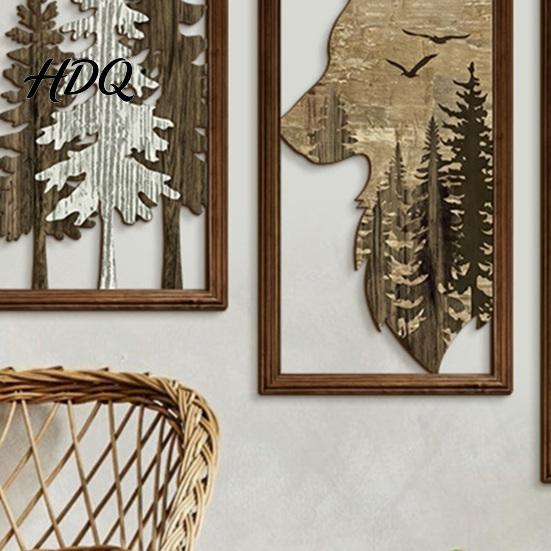 Vintage Style Wood Sculpture 3Pcs Wooden Forest Wolf Wall Decorations Decorative Hanging Ornaments Rustic Hollow Carved Pine Head Decor Tree Art for