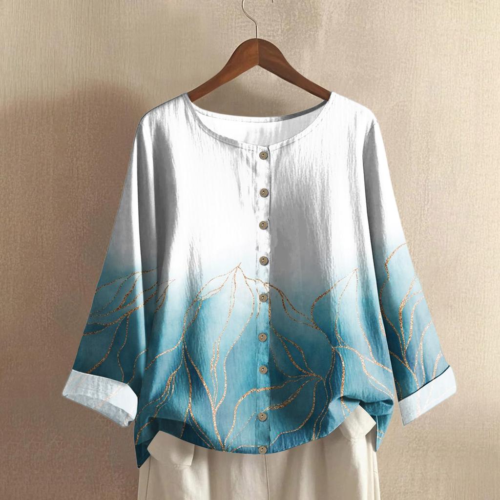 Women's Casual Long-sleeved Round-neck Retro Gradient Printed Cotton And Linen Top