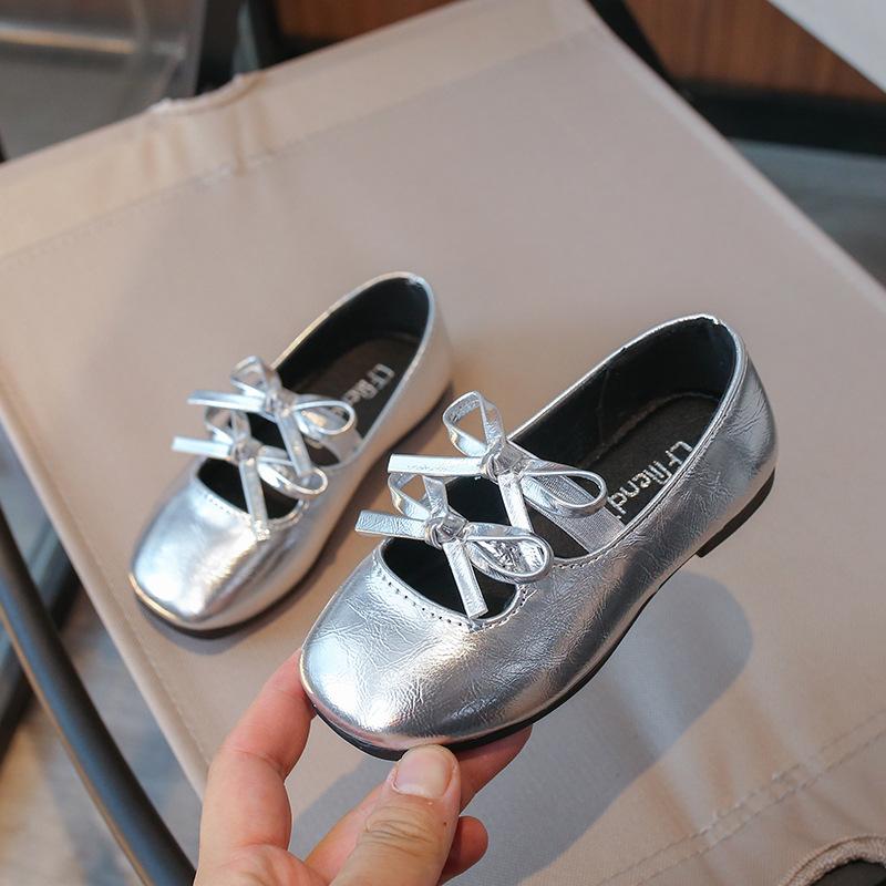 New Kids Baby Girl Children Black Gold Silver Wedding Party Princess Leather Soft Bottom Shoes Girls Bow-tie Single Shoes H08093