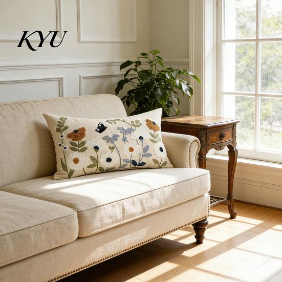 Washable Living Room Cushion Covers Floral Embroidered Cover, Decorative Throw Pillow Square Shams Farmhouse Cover for Sofa Couch Elegant Summer