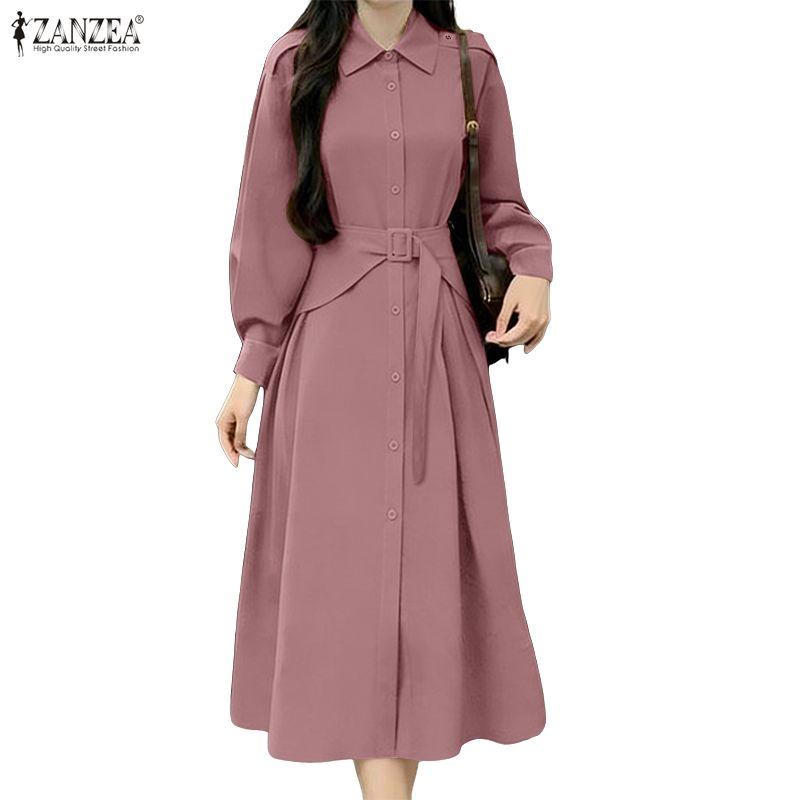 ZANZEA Women Casual Turn Down Collar Loose Long Sleeve Dress