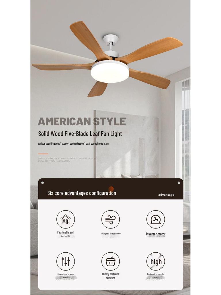 Nordic Solid Wood Ceiling Fan with Light - Silent Variable Frequency Electric Chandelier for Living Room and Restaurant.