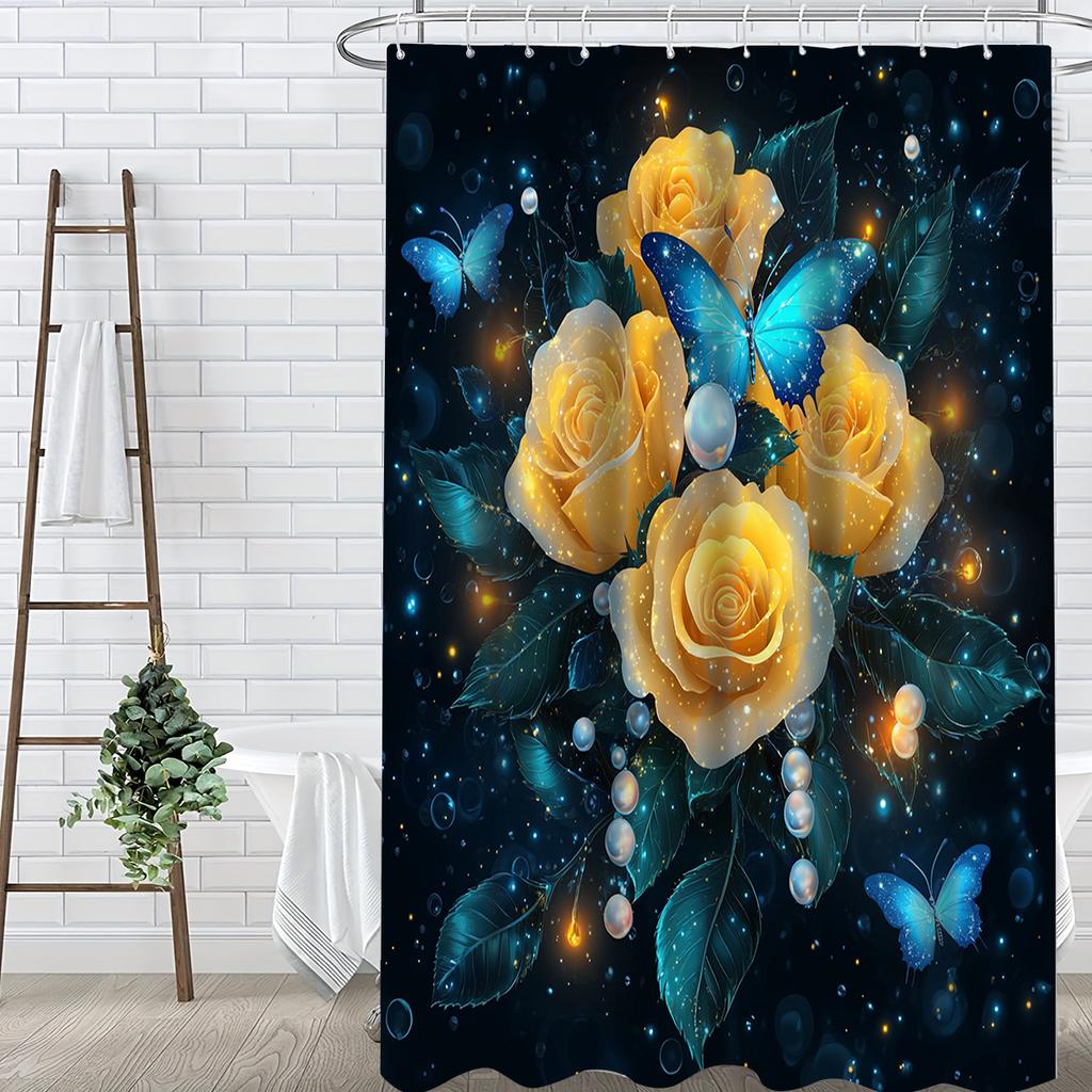 4Pcs Golden Roses And Butterflies Shower Curtain Set with Non-Slip Bath Mat, Toilet Lid Cover, Contour Rug & 12 Hooks, Bathroom Decor
