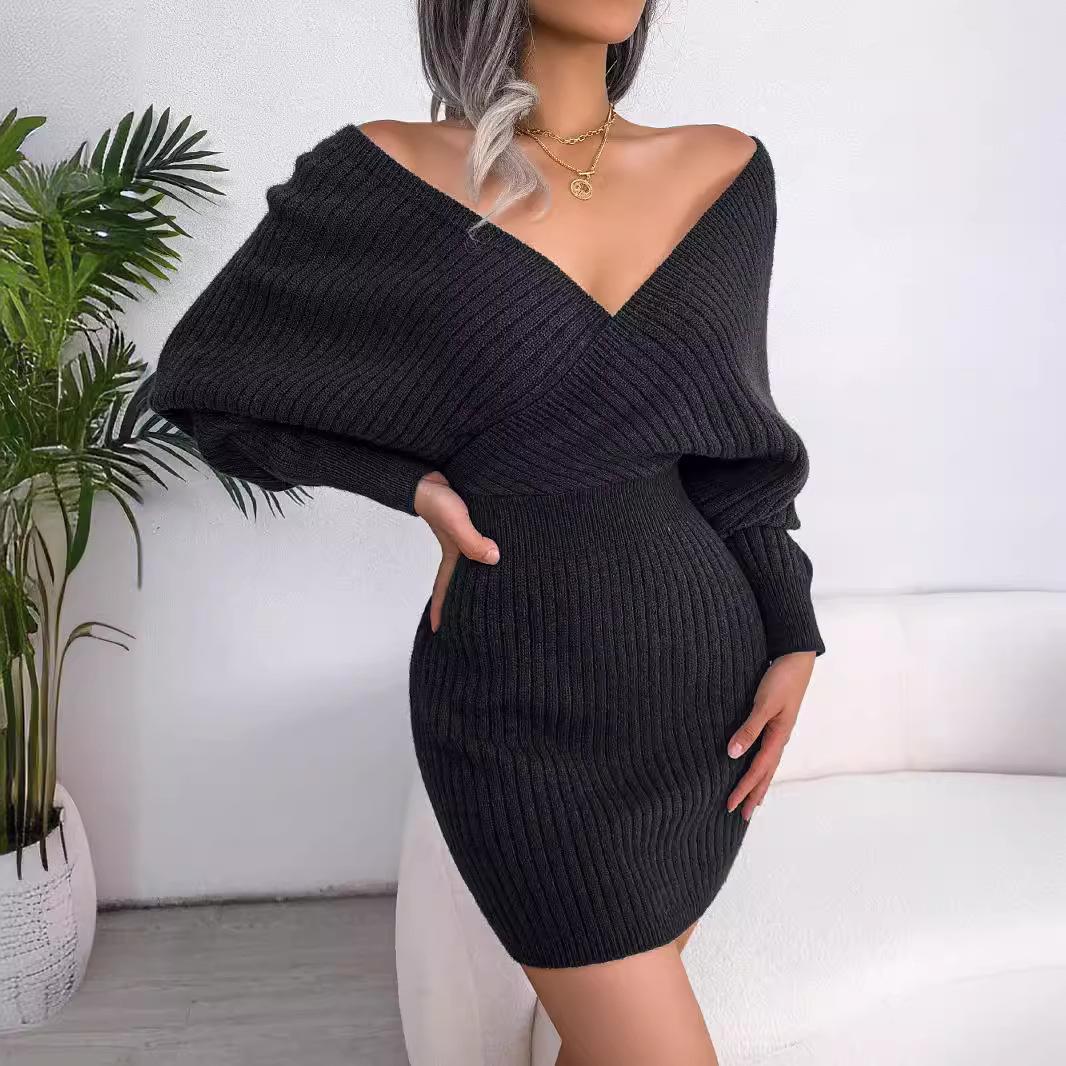

Bodycon Sweater Dresses for Women Autumn Casual Long Sleeve Knitted Clothes White Green Blue Black Purple Dress L чорний