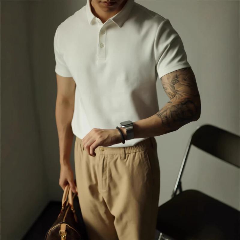 Men Old Money Style Pique Cotton Short Sleeve Polo Shirt Light Business Casual Breathable Turn Down Collar Mens Top M белый