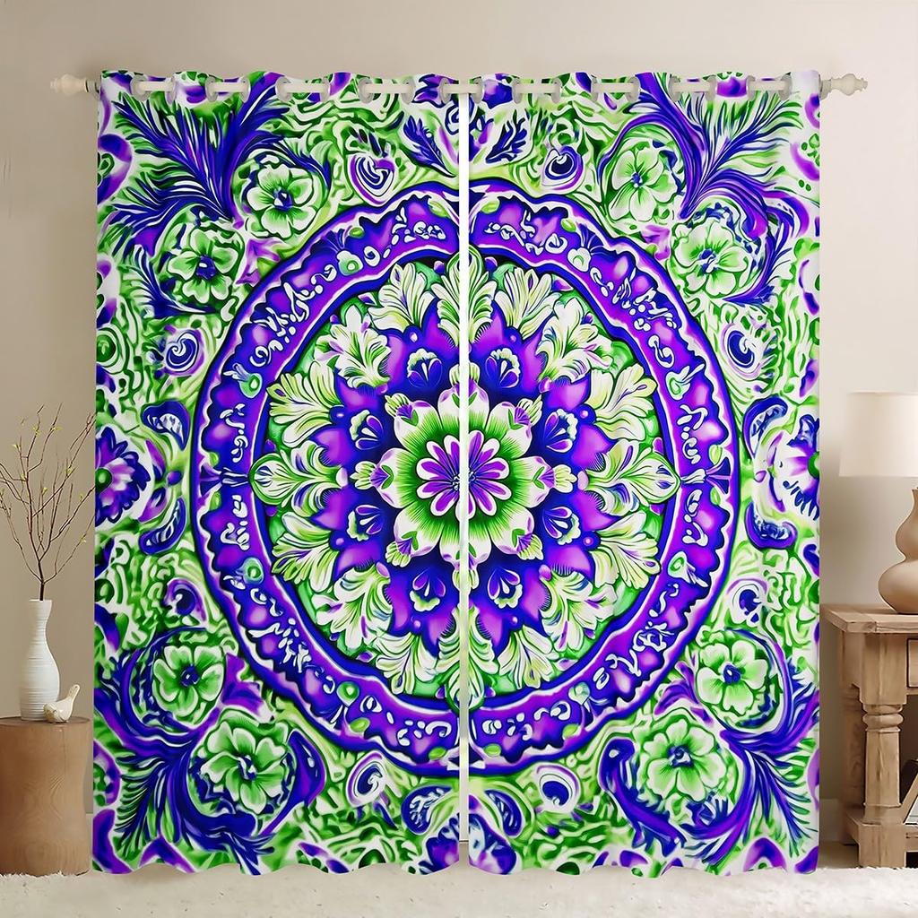Room Darkening Mandala Curtain Vintage Tribal Exotic Floral Window Curtains Drapes Southwestern Colorful Retro Flower Bohemian Polyester Washable