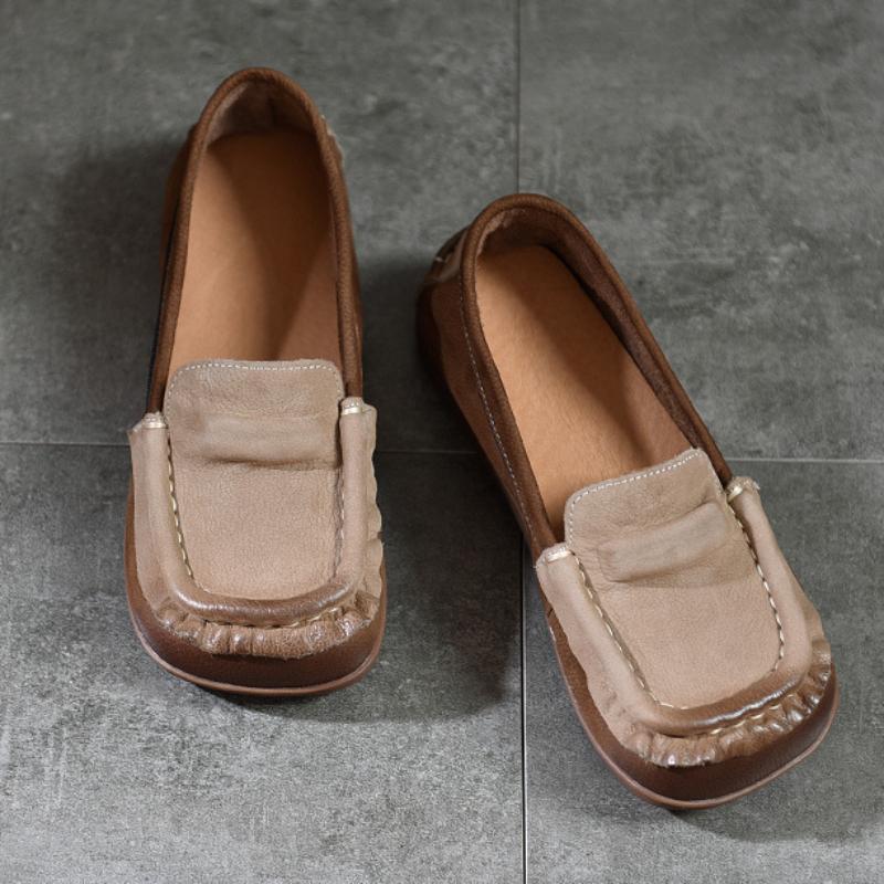 Johnature Loafer aus echtem Leder mit quadratischer Zehenpartie und weicher Sohle, flache Schuhe, Retro-Schlupfschuhe in Mischfarben für Damen