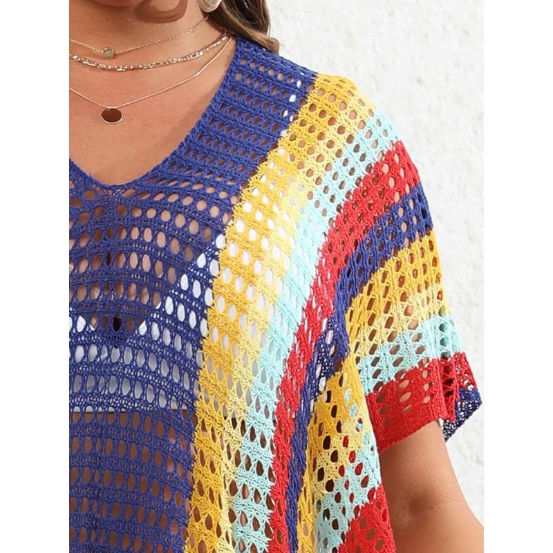 Plus Size Women's Color Contrast Patchwork Woven Hollow Beach Bikini Smock Dress Lace Up