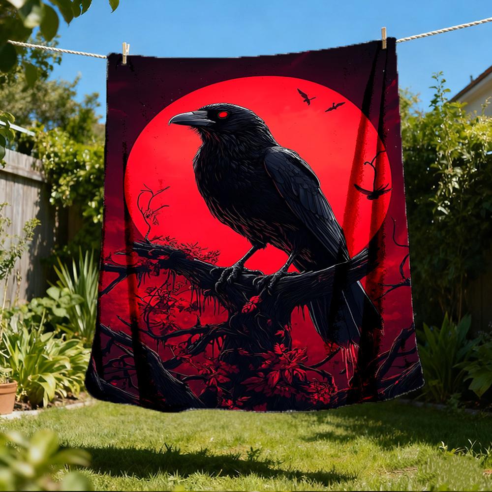 1pc Raven, Blood Moon Print Outdoor Blanket, Lightweight Polyester, 80x120cm