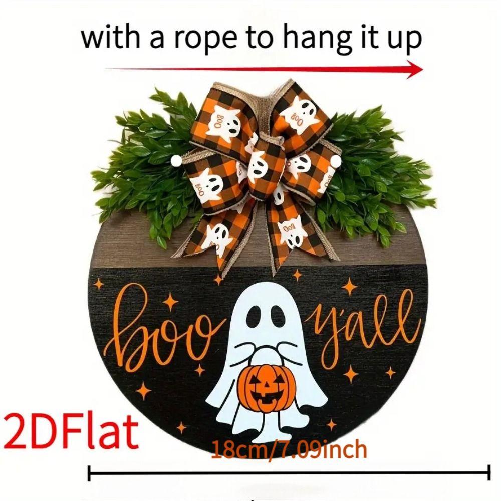 2D Flat Wooden Hanging Door Sign Ghost Round Doorplate Halloween Festival Decoration