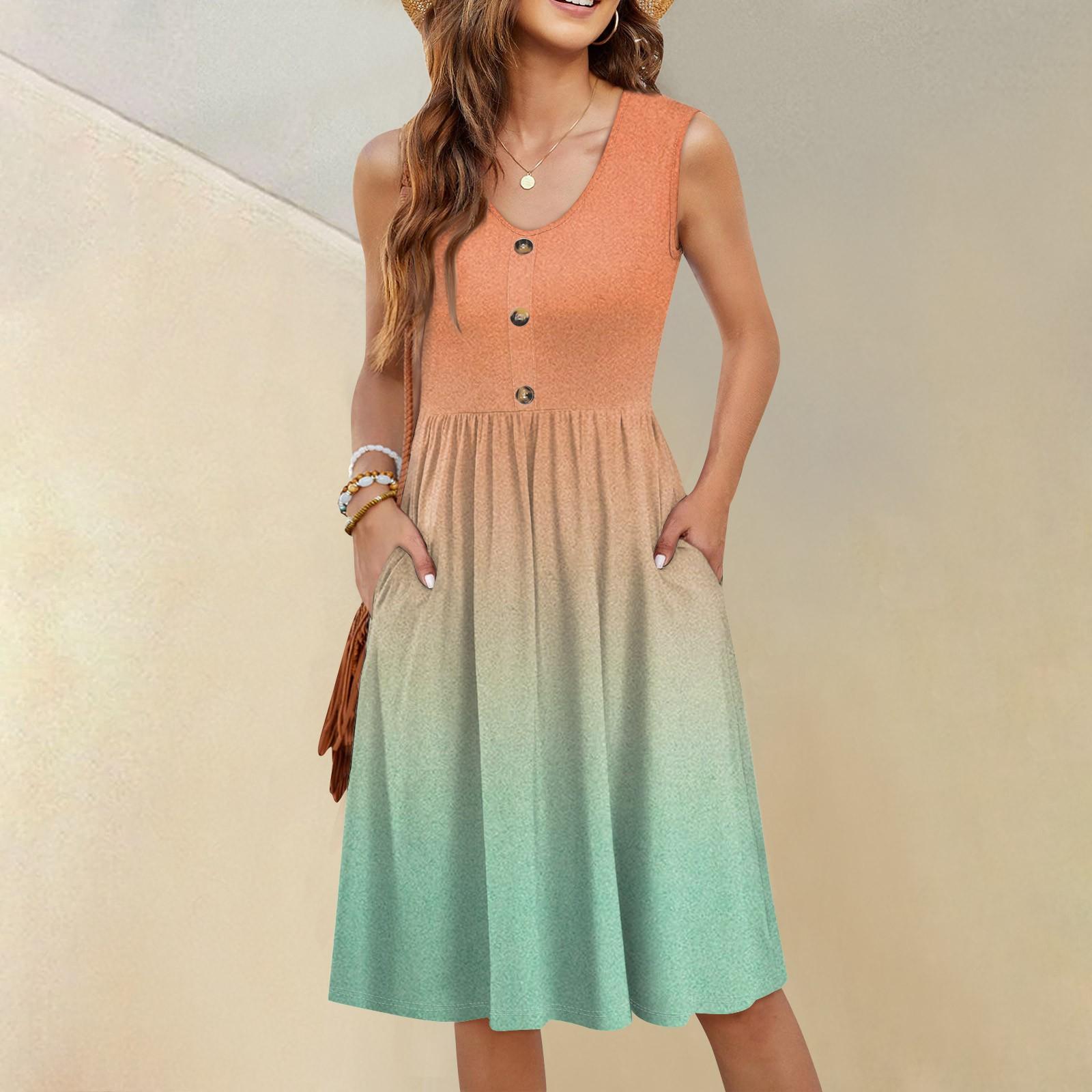 

Женское повседневное модное сексуальное платье с v-образным вырезом и пуговицами без рукавов на талии с градиентным принтом XXXL