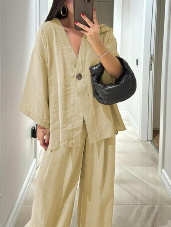 2025 Women's V-Neck Top & Wide-Leg Pants Set - European & American Style