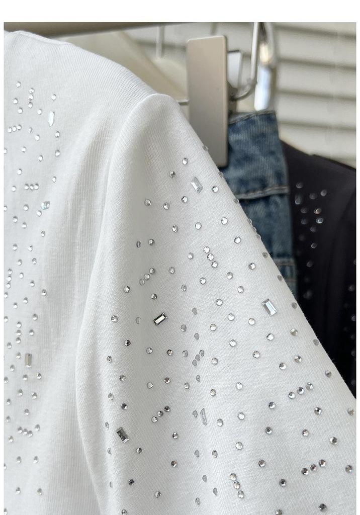 Summer 2026 Plus Size Women's Chic Rhinestone Round Neck Short Sleeve T-shirt