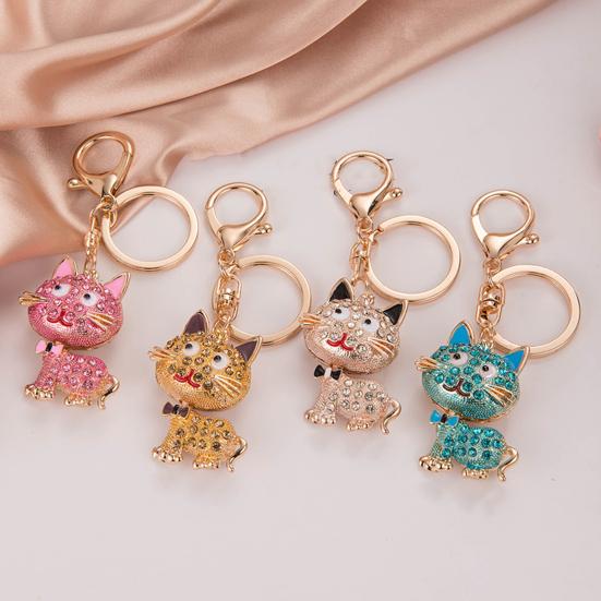 Keychain Pendant 3D Cartoon Cat Design Sparkling Rhinestones Inlaid Key Chain with Lobster Clasp Key Ring Bags Accessories