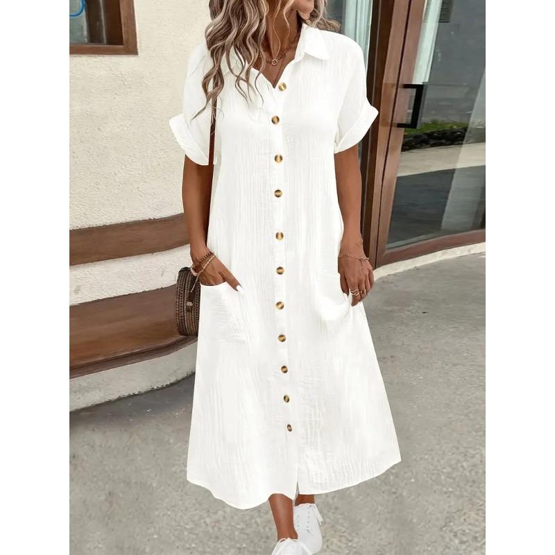 Wish summer solid color simple collar button long dress women's clothing