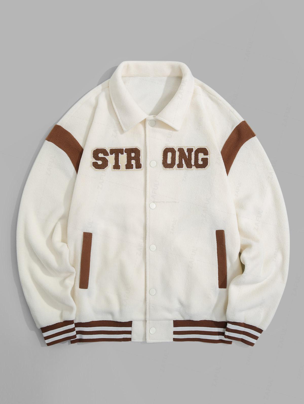 

Мужская пушистая флисовая куртка на одной пуговице с контрастной полосатой отделкой и нашивкой с буквой XXL бежевый