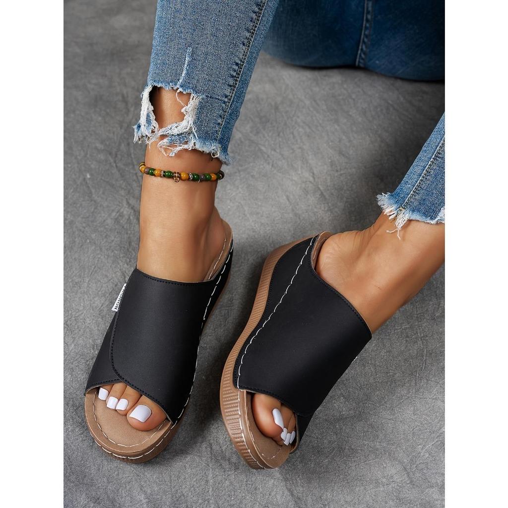 Women's Fashion Solid Slippers - Comfortable Arch Support,Breathable Outdoor Slippers Stylish,Open Toe Strap Back Heel Mid-heeled Stirrup Sandal