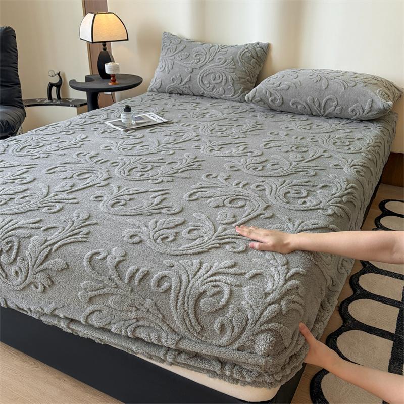 1PCS Plush Embossed Fitted Sheet Thick Warm Bedding for Autumn Winter Soft Comfortable Fabric Deep Pocket Design for Queen King Single  No Pillowcases