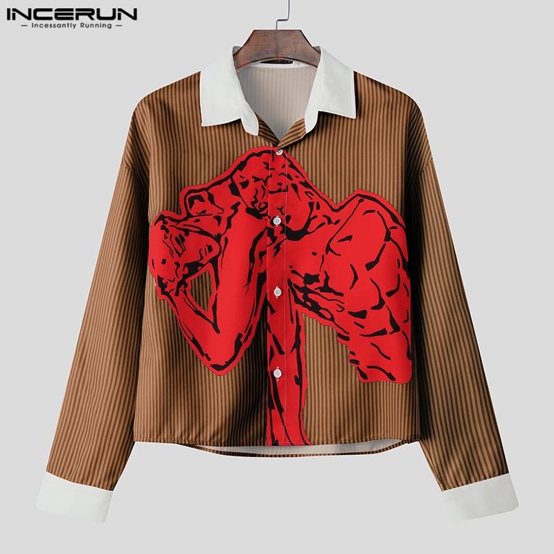 INCERUN 2PCS Men Two Pieces Striped Print Long Sleeve Buttons Shirts Short Pants Casual Sets