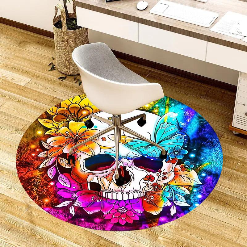 1pc Colorful Skull with Flowers and Butterfly Round carpet, Made of Polyester,Perfect for Decorating Office Chairs, Living Rooms fplt701