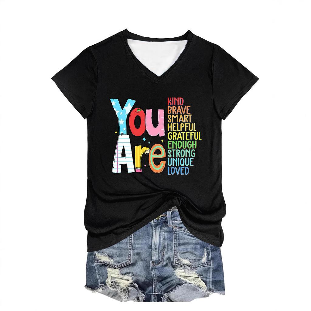 Summer V-neck 3D Letter Printed Top Fashionable Casual Short Sleeved Women's T-shirts