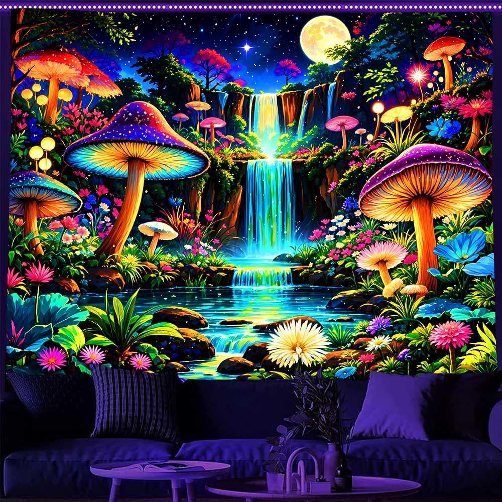 Ine Ive Blacklight Fantasy Mushroom Forest Tapestry Aesthetic UV Reactive Waterfall Tapestries 60x51Inch Moon Night Wildflower Plant Landscape Black