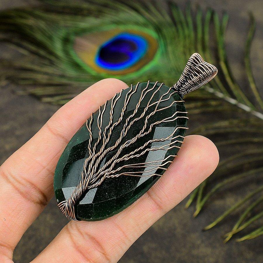 Emerald(Simulated) Gemstone Handmade Copper Wire Wrap Pendant 2.84" P9K73