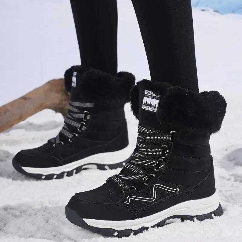 Plush Mid-top Winter Boots Women Warm Cotton Shoes Anti-slip Rubber Sole Outdoor Sneakers Plush Waterproof Ladies Hiking Footwear