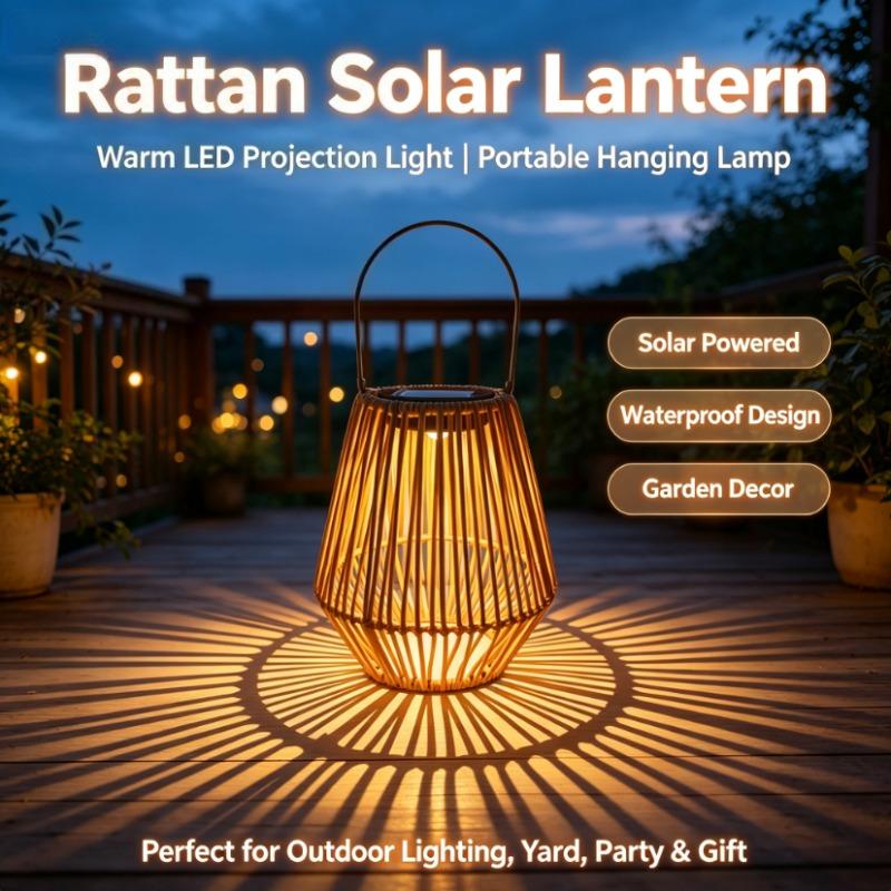 Boho-Style Handmade Solar Powered Rattan Chandelier - Waterproof Solar Light - with Handle, Ideal for Decorating Gardens