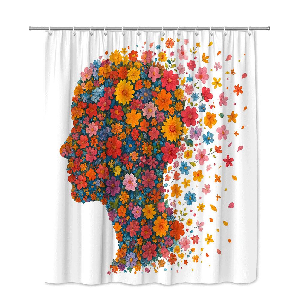 Floral Human Head Art Shower Curtain Machine Washable All Season Waterproof Privacy Protection Abstract Design Creative 12Hooks
