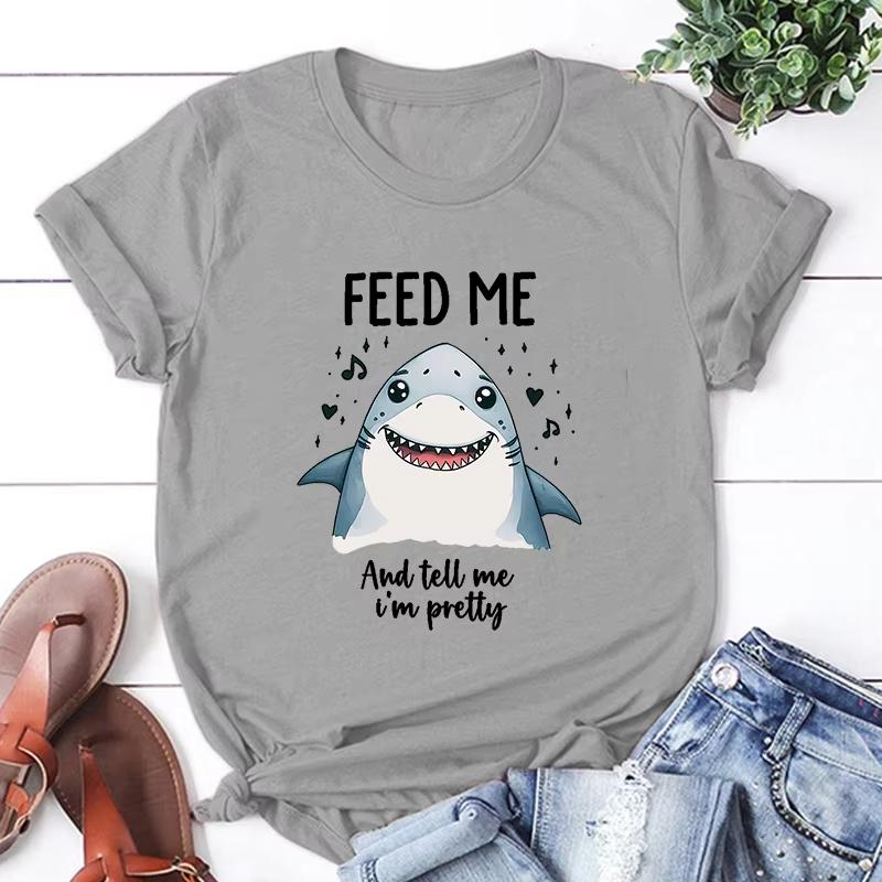 Hot Shark Feed Me And Tell Me IM Pretty Print Unisex TShirt Loose Short Sleeve Harajuku Casual Tops Women TShirt S