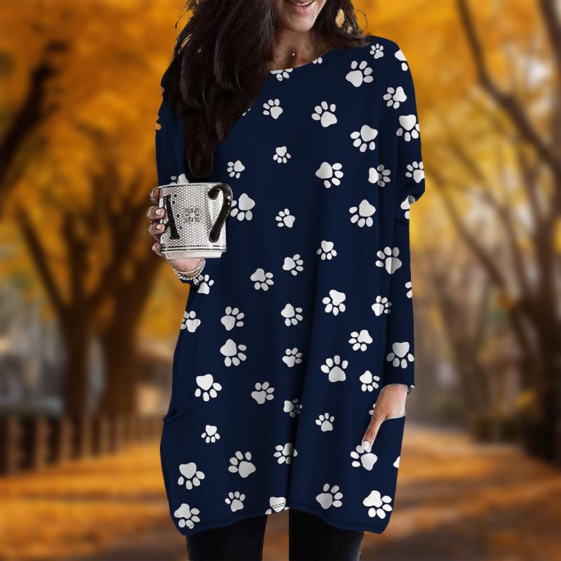 

Новинка осени однотонное платье большого размера с принтом собачьей лапки, женское повседневное платье с круглым вырезом и длинными рукавами и карманами 3XL чёрный