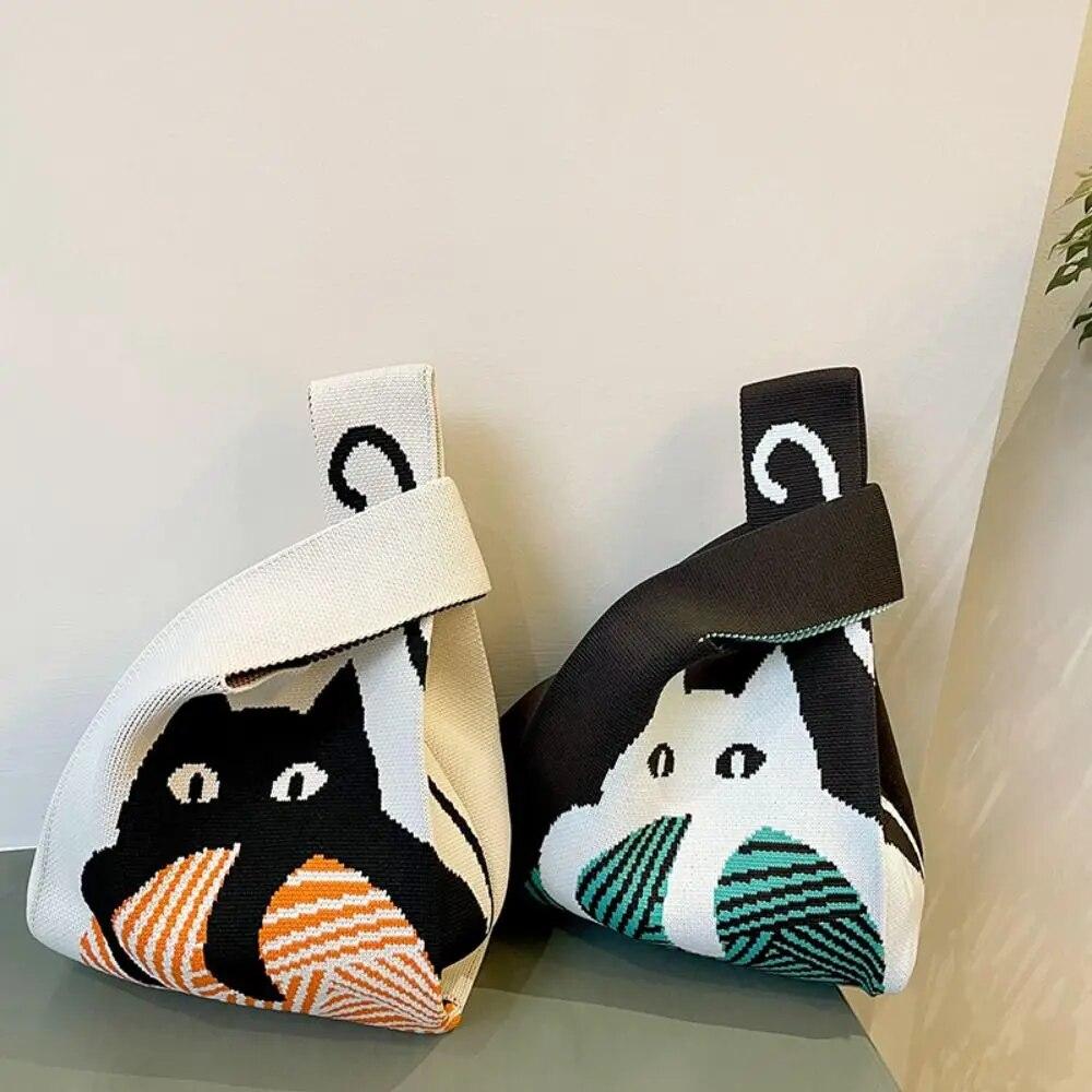 Fashion Handmade Cat Knit Handbag Casual Color Tote Bag Student Reusable Shopping Bags Women Mini Knot Wrist Bag
