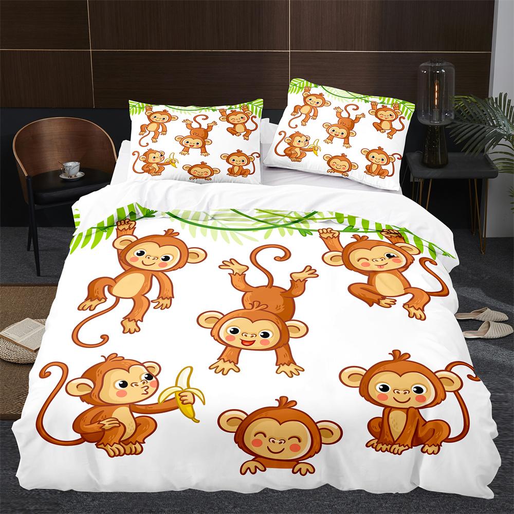 Monkey Duvet Cover King Queen Lovely Cartoon Animal Bedding Set For Kids Boy Girl Green Jungle Tree 2/3pcs Polyester Quilt Cover