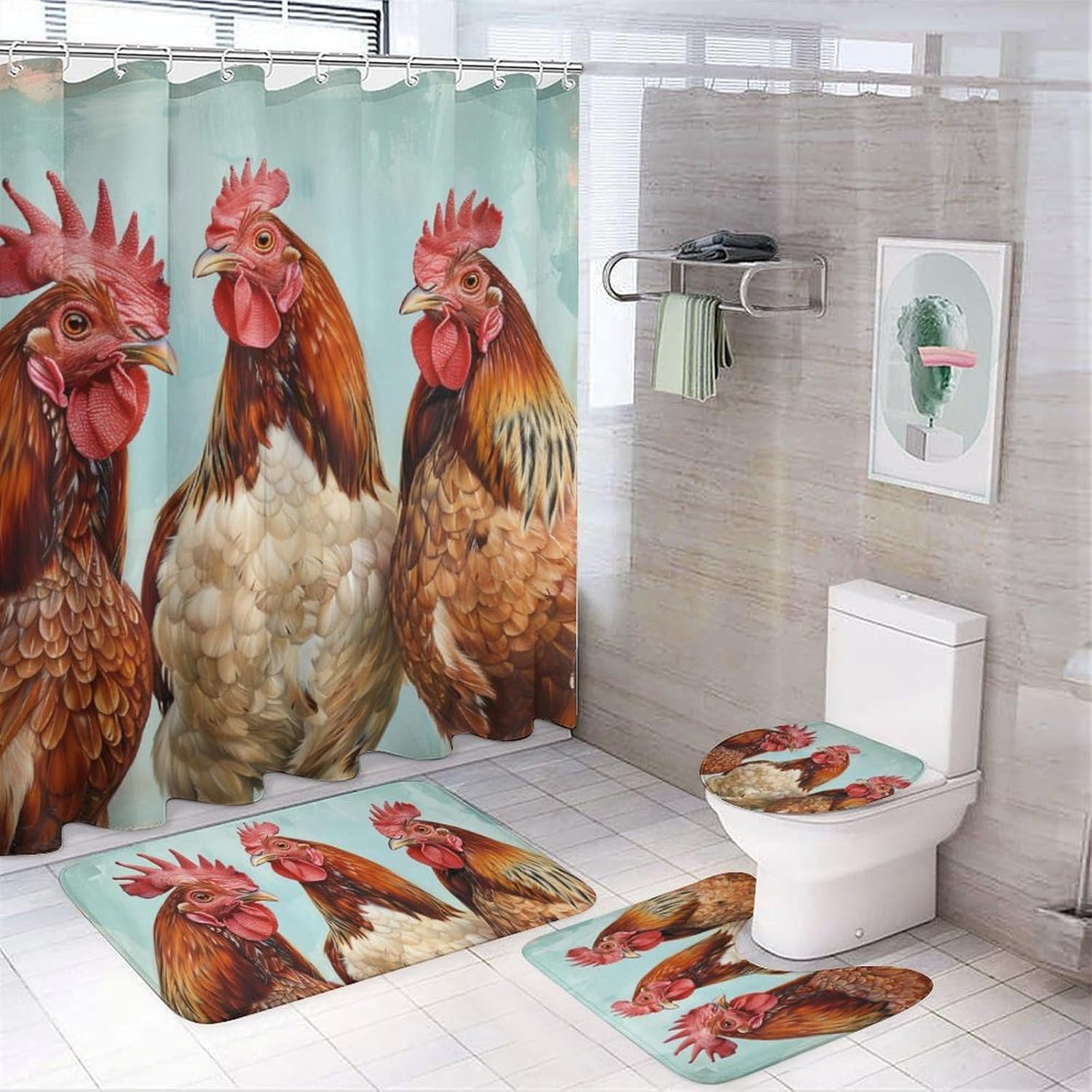 

6style 4Pcs Bathroom Shower Curtain Set Chicken Farmhouse Bathroom Curtain With 12 Hooks Non Slip Rugs Toilet Cover Mat Bathroom Partition 4Pcs set
