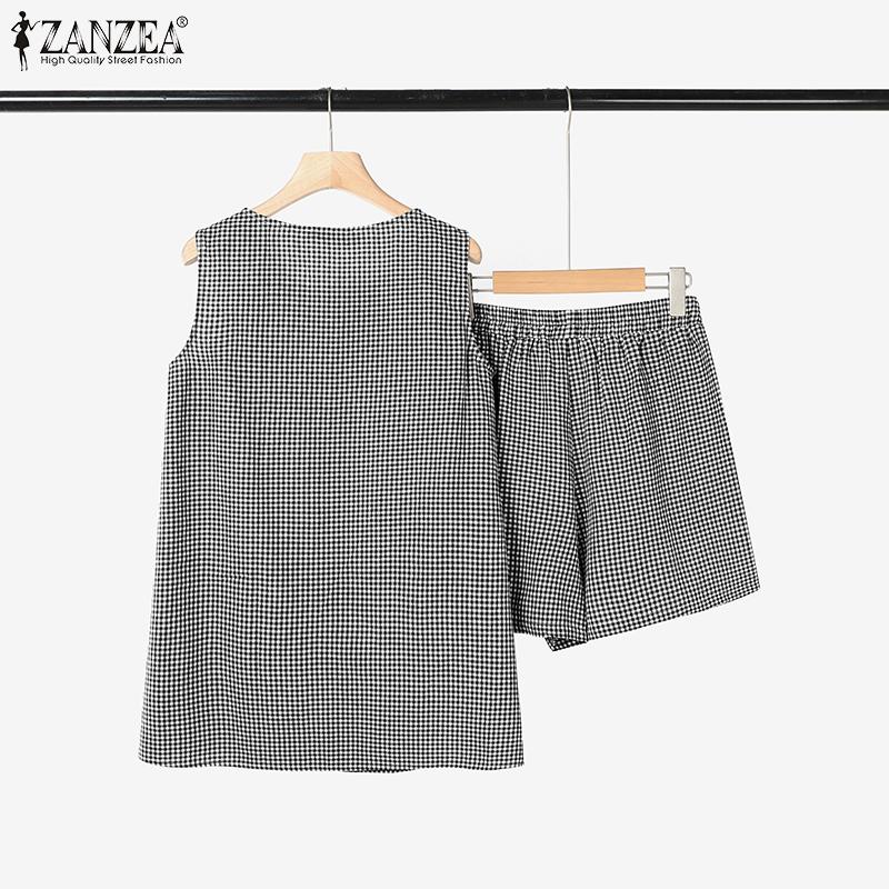 ZANZEA Women Sleeveless Vest and Shorts Summer Plaid Print Two Piece Suit Sets