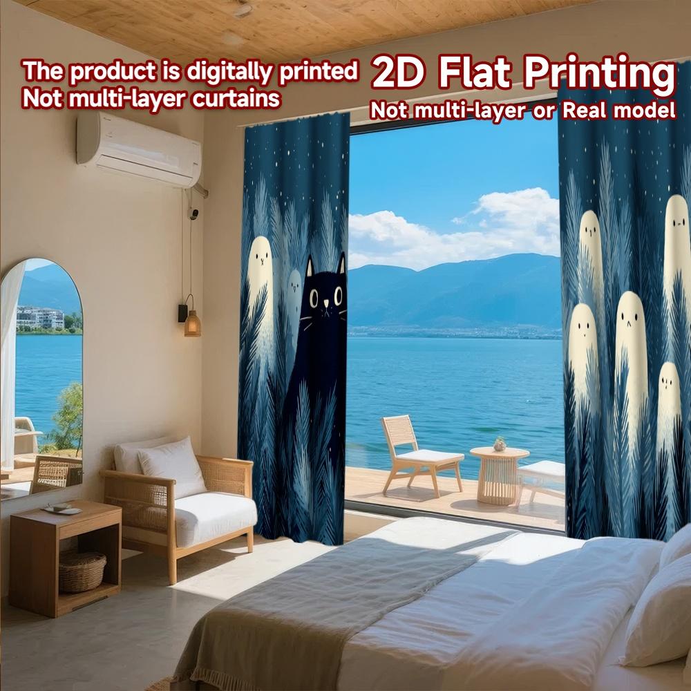 Flat Printing Curtains Without Rod Halloween Night Cat Ghosts Women Is Day Festival Creative Set Of 2 Made Polyester