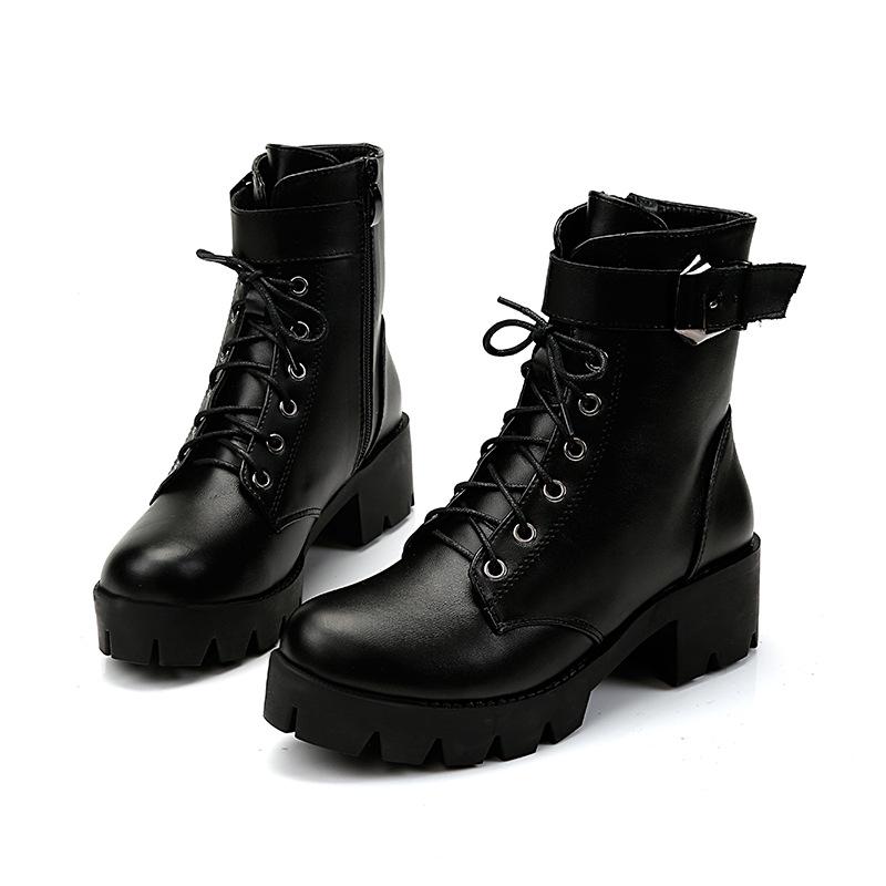 New Martin boots thick heel lace-up belt buckle short boots European and American boots