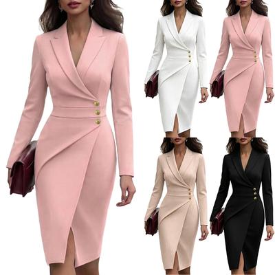 Women's Slim Fit Long Sleeve Lapel Dress with Button for Wedding Cocktail Party