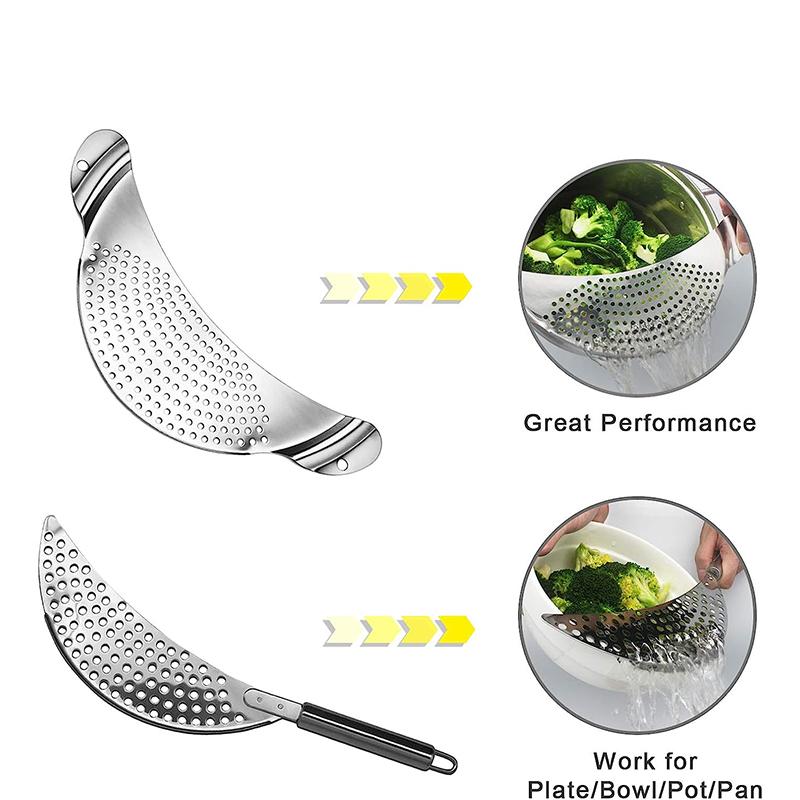 2 Pieces Pot Strainer with Handle Stainless Steel Colander Pasta Drainer Pan Pot Strainer with Recessed Hand Grips Fits up to 9"