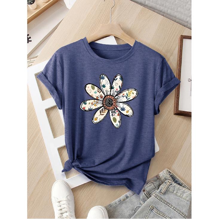 Women's European and American Summer Short-sleeve Top with Contrasting Color Floral Print, Fashionable Street Style, Versatile Casual Sports Shirt