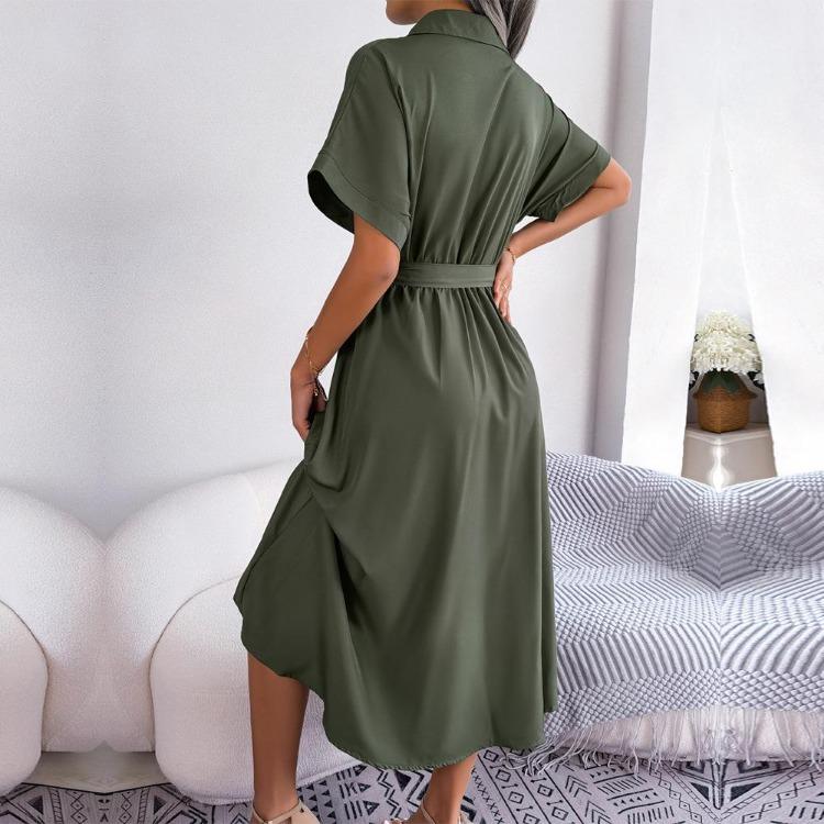 Women Casual Loose Button Dress Spring Summer Solid Color Lace Up Shirt Skirt Lapel Neck