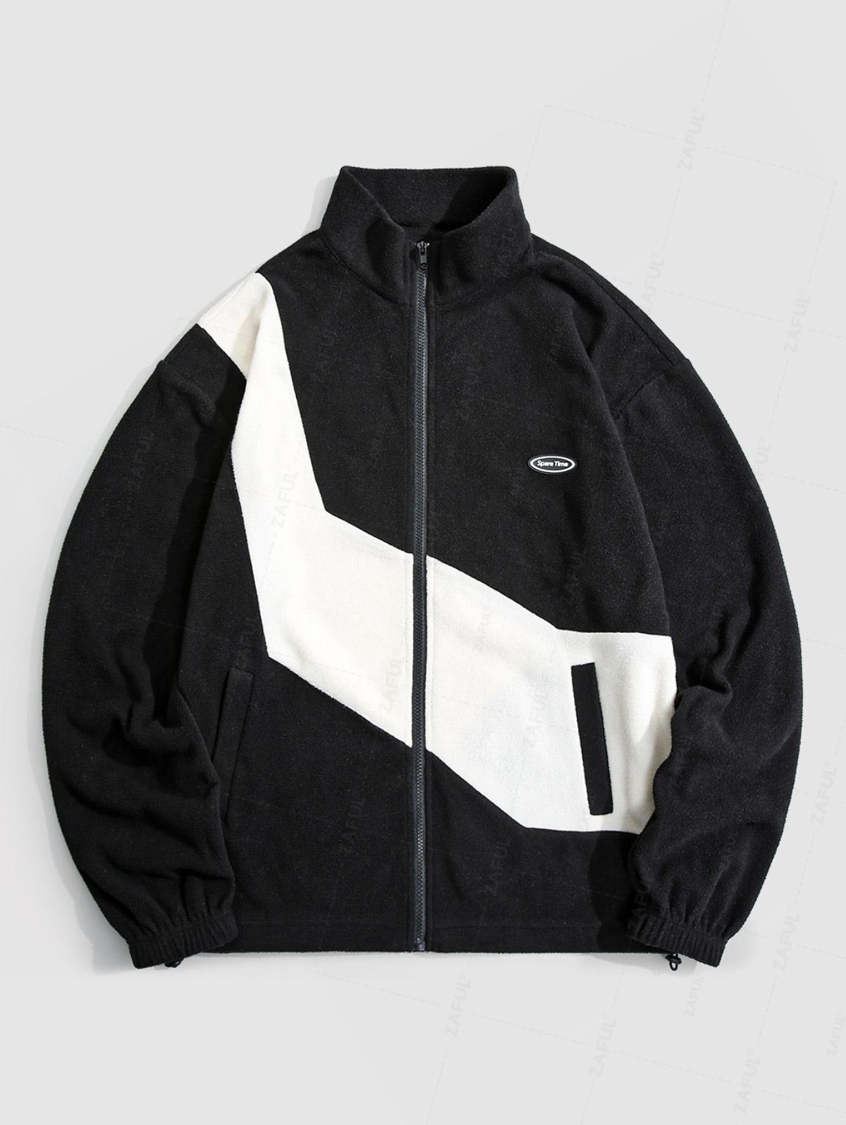 

Мужская повседневная флисовая пушистая куртка в стиле колор-блок с нашивкой в виде буквы, воротником-стойкой и застежкой-молнией XXL чёрный