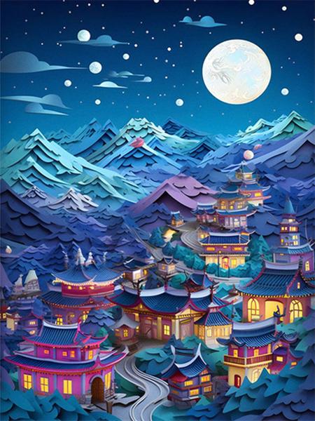 

5D Diy Алмазная картина Вышивка Лунный дом Полный квадрат Круглая мозаика Горный пейзаж Домашний декор Full Round 20x30CM