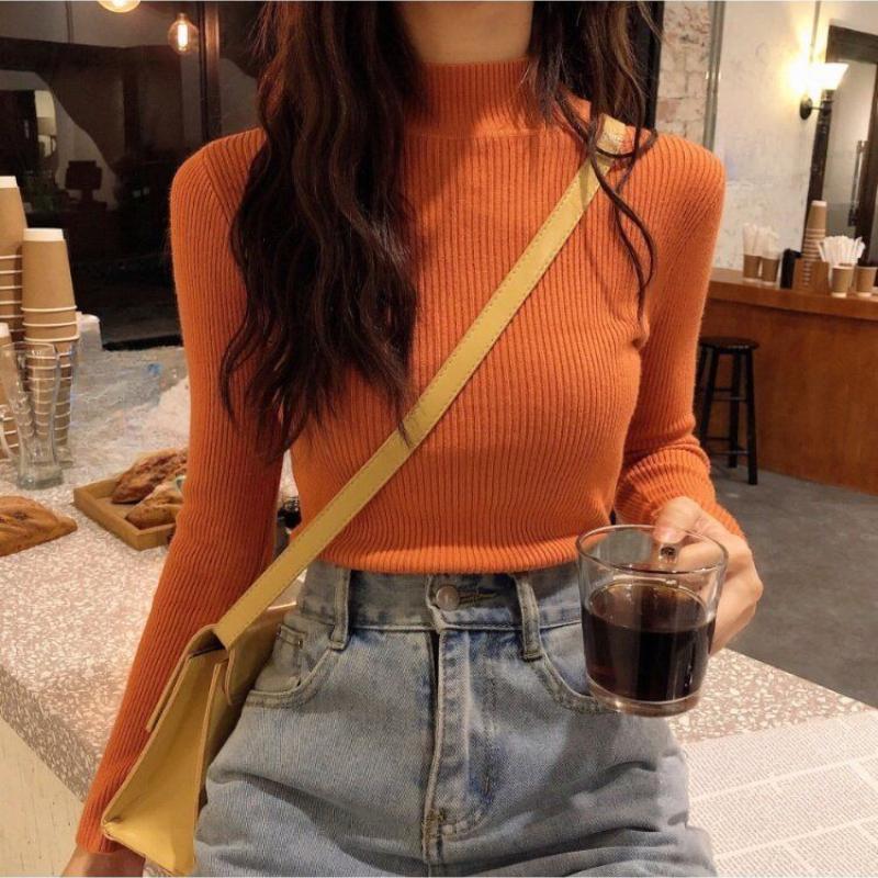 For Autumn and Winter, Wear A Fitted Long-sleeved Semi-high-neck Knitted Sweater As A Student Top